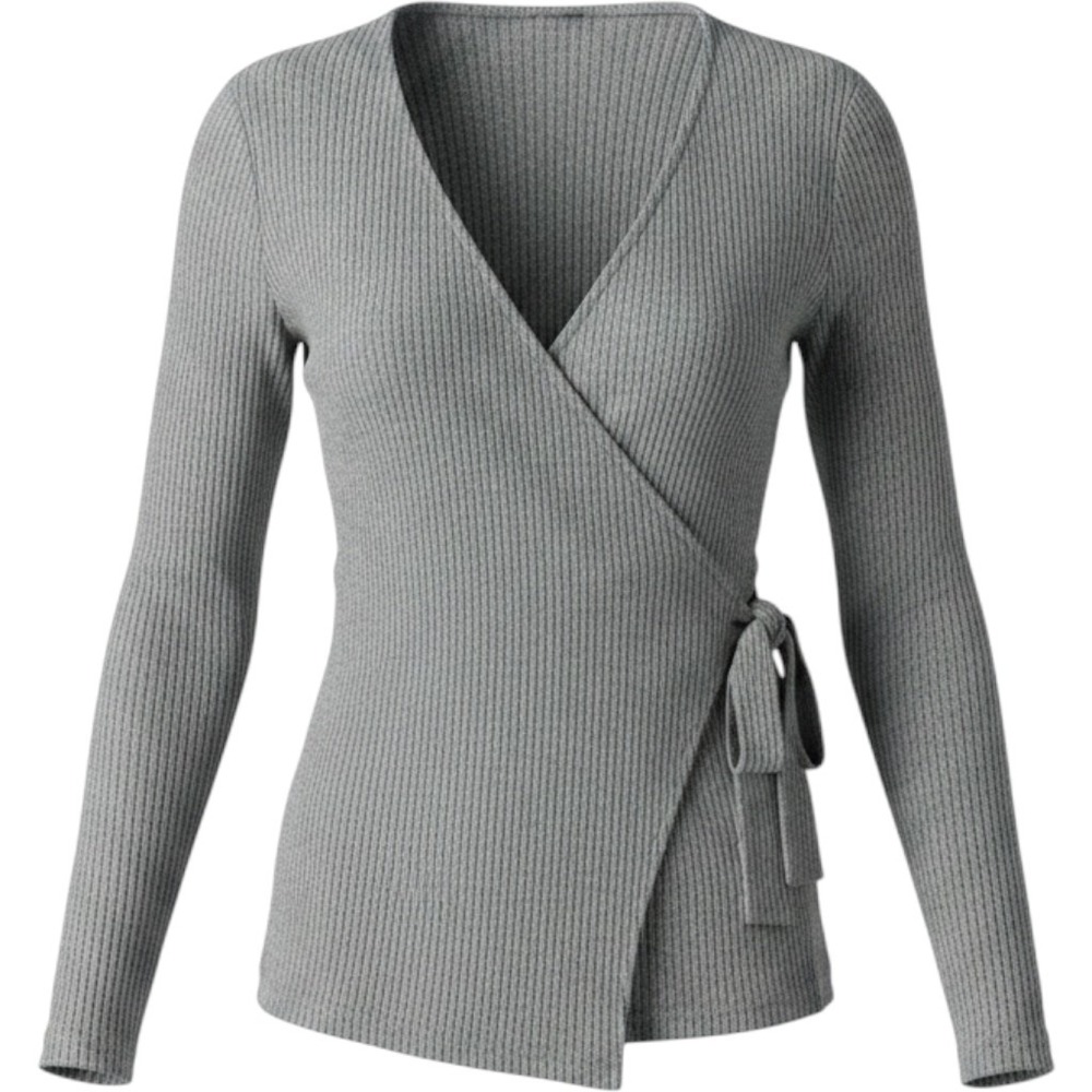 Bobeau Grey Marl Ribbed Knit Wrap Top Side Tie Long Sleeve Soft Minimalist M